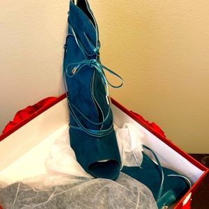 Teal Green Suede Bootie with zip back & tie in the front